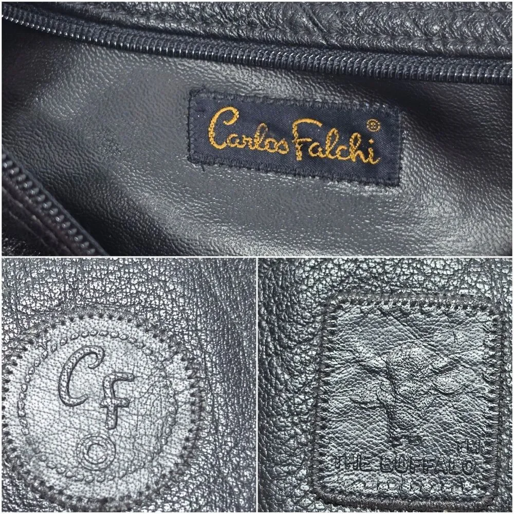 Vintage Carlos Falchi The Buffalo Black Leather Zip Pouch Travel Cosmetic Bag